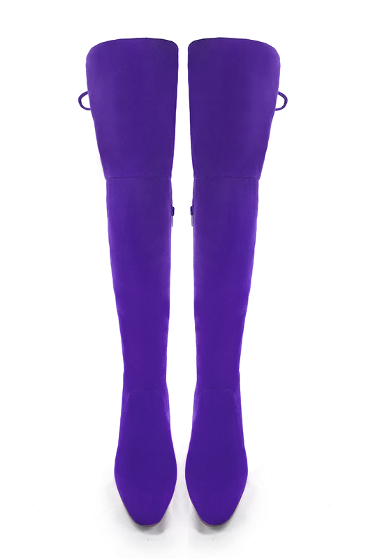 Violet purple women's leather thigh-high boots. Round toe. High block heels. Made to measure. Top view - Florence KOOIJMAN